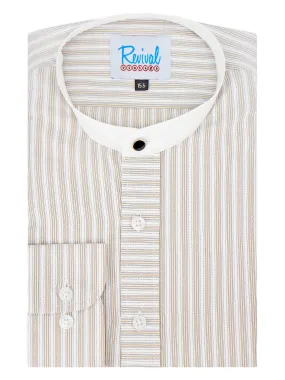 1940s Collarless Grandad Shirt - Brown Orton Stripe