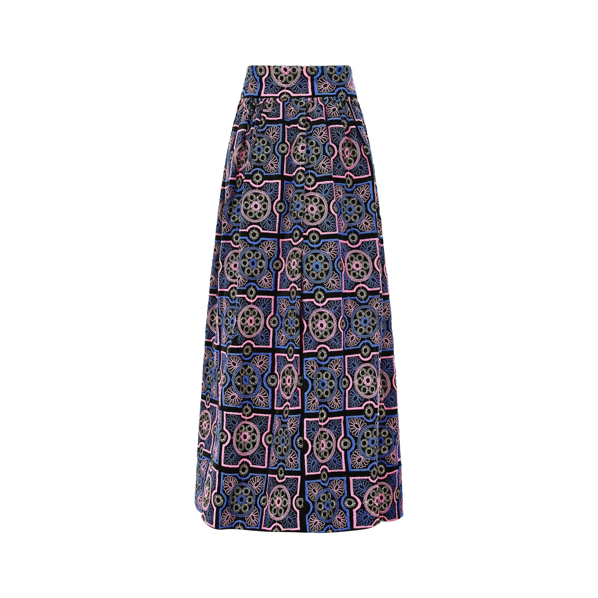 1970s Adolfo Blue and Pink Embroidered Velvet Maxi Skirt