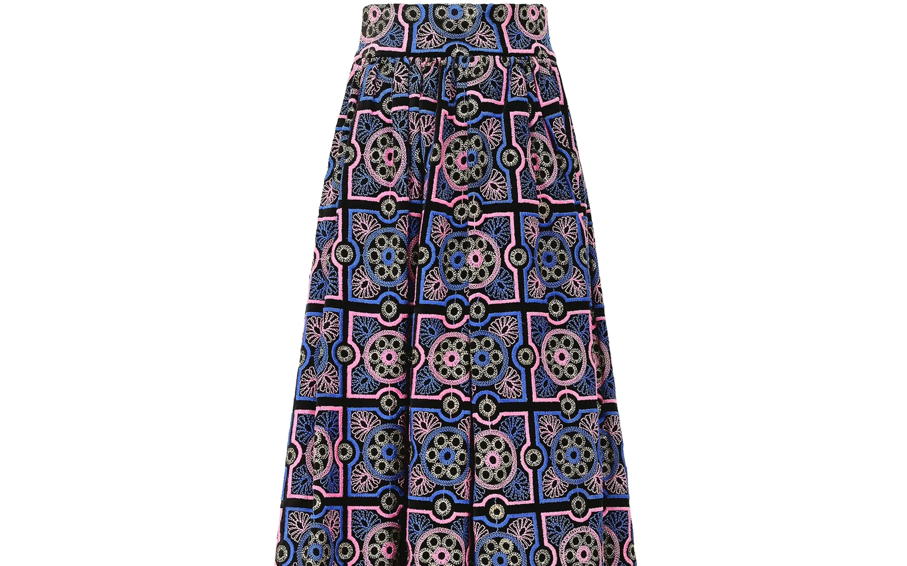 1970s Adolfo Blue and Pink Embroidered Velvet Maxi Skirt