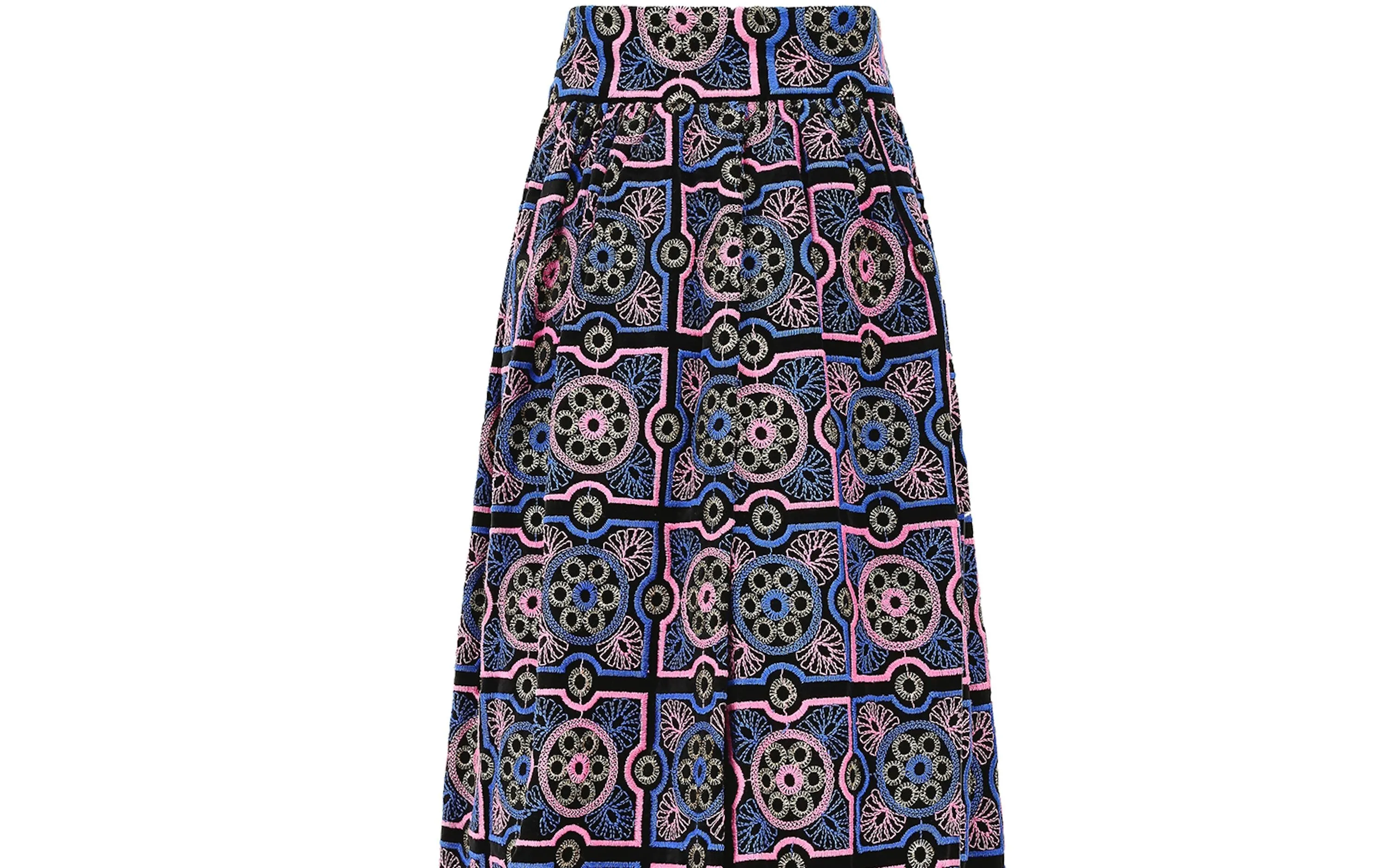 1970s Adolfo Blue and Pink Embroidered Velvet Maxi Skirt