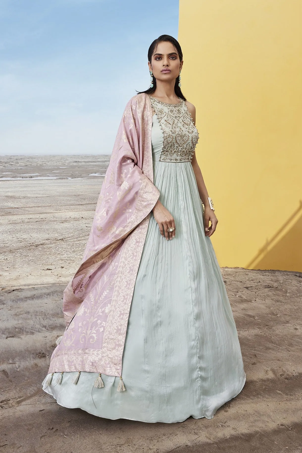 310082 Pastel Green Embroidered Anarkali Suit with Pink Dupatta