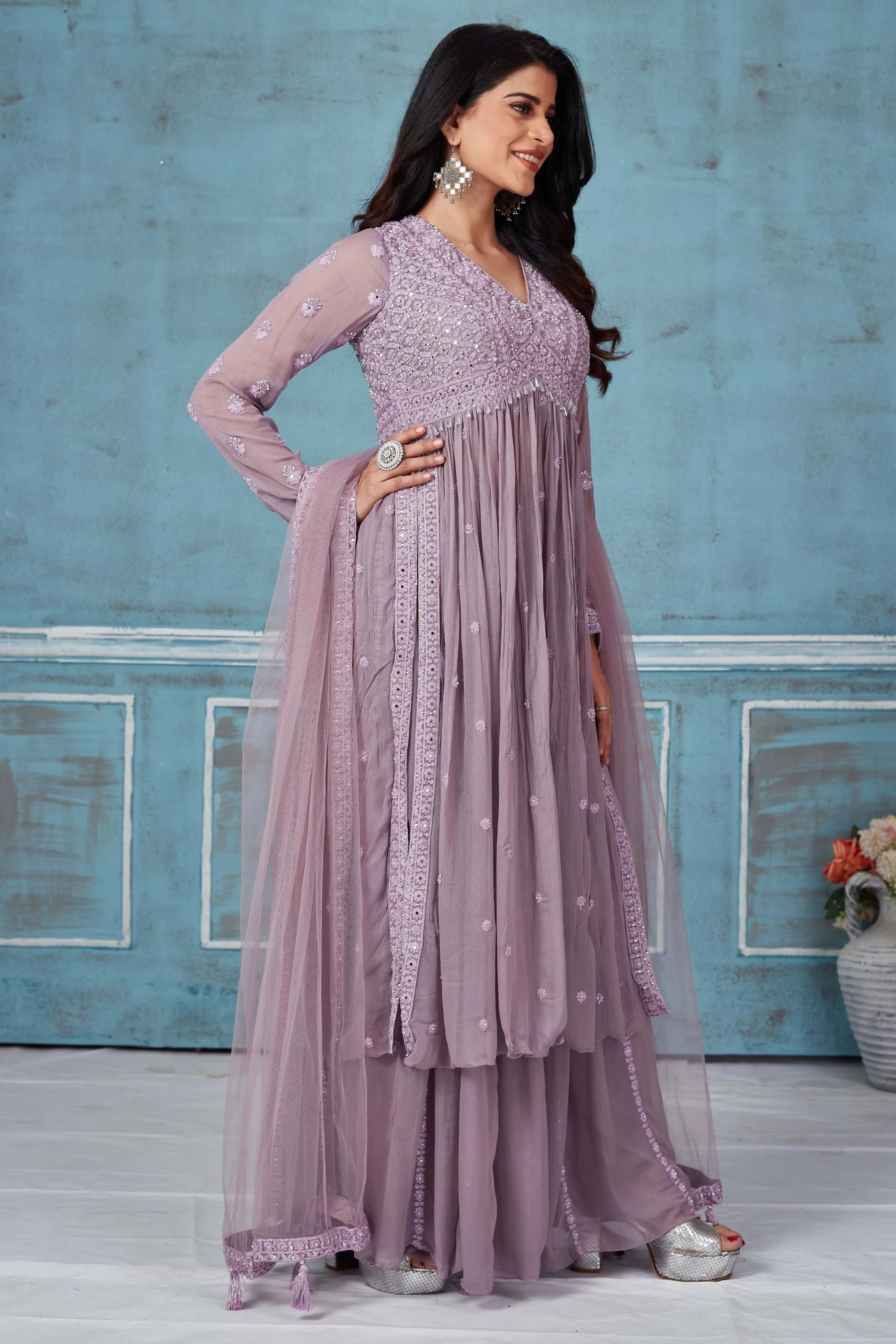 52A155 Lavender Embroidered Georgette Palazzo Suit With Dupatta