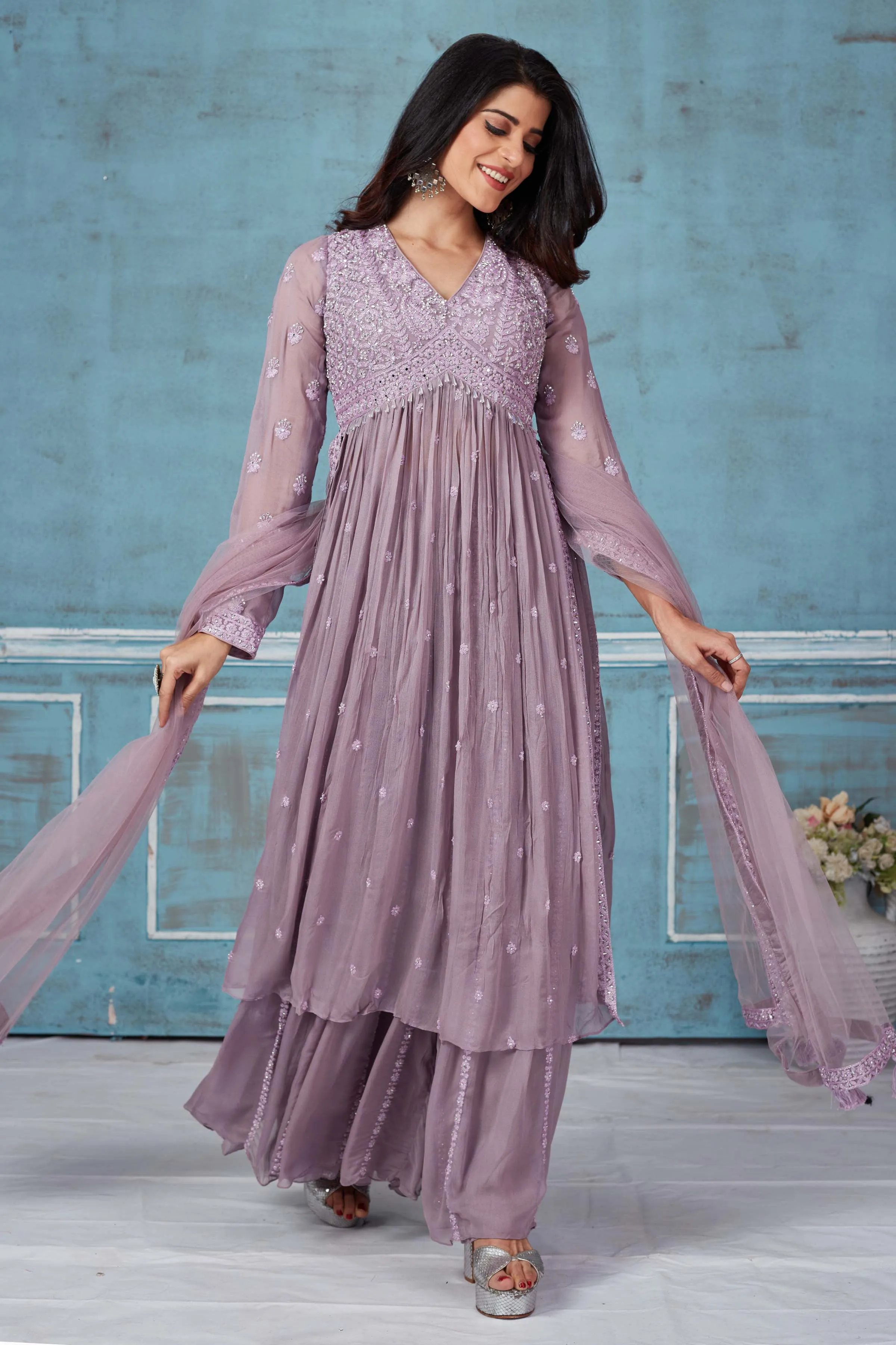 52A155 Lavender Embroidered Georgette Palazzo Suit With Dupatta