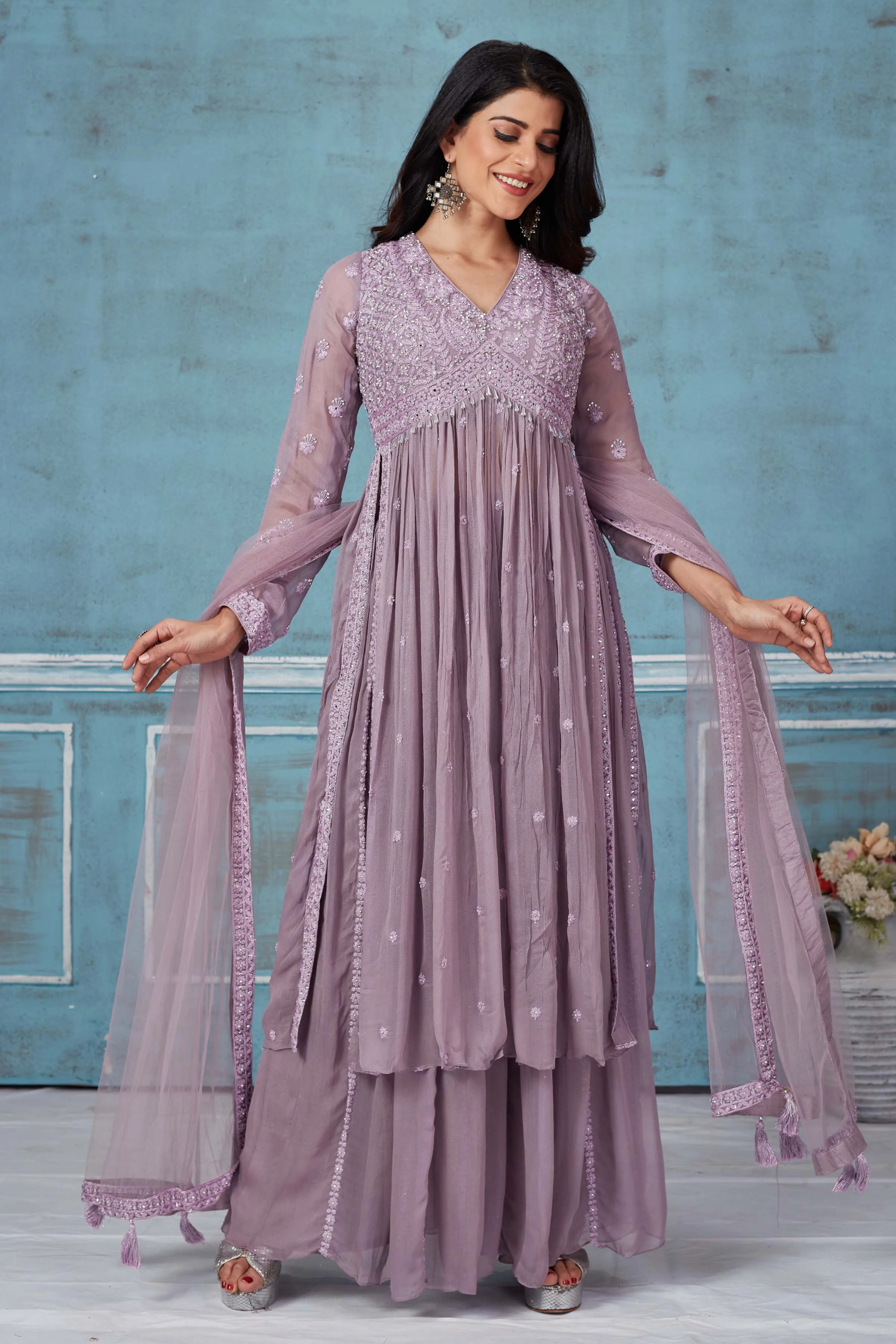 52A155 Lavender Embroidered Georgette Palazzo Suit With Dupatta