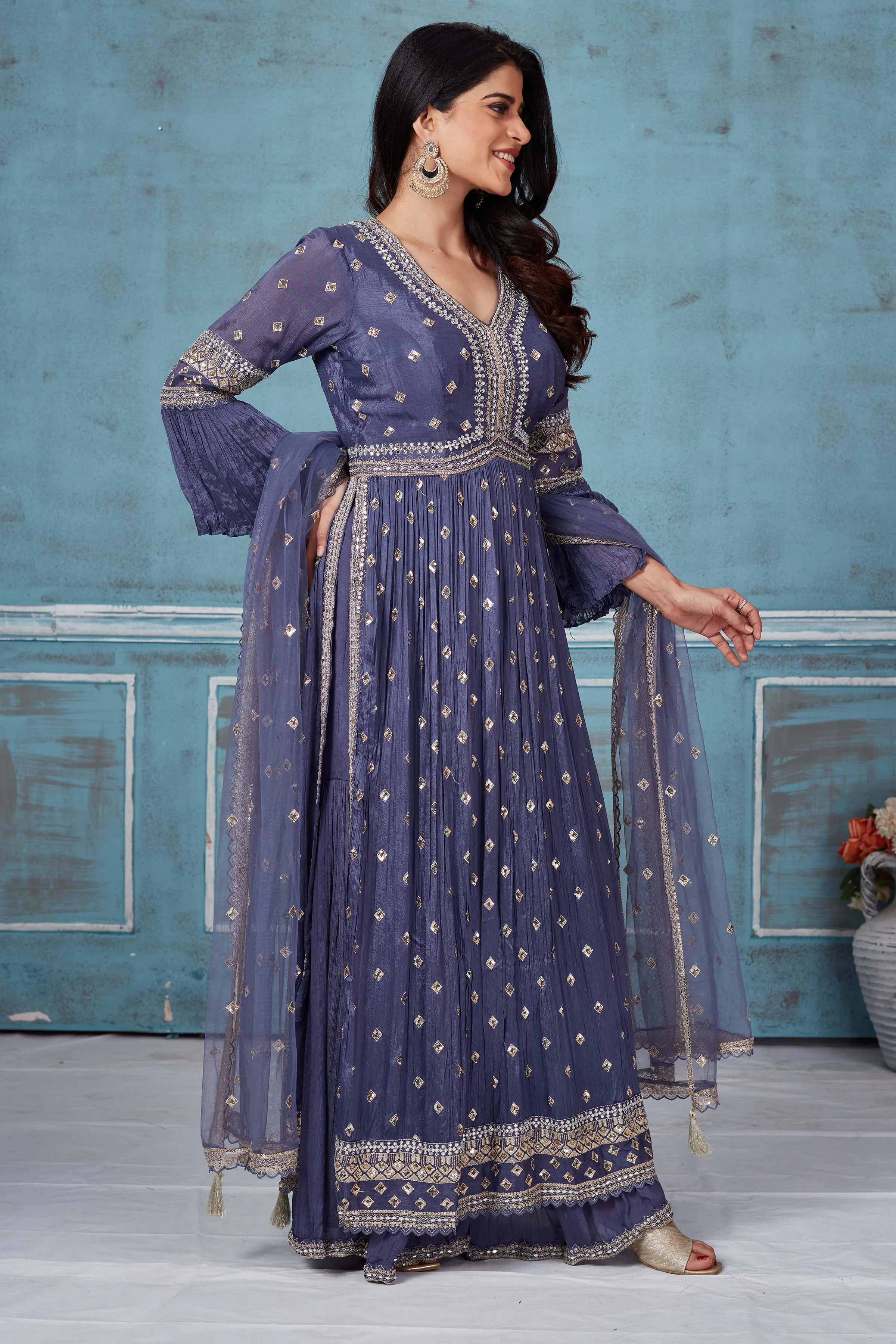 52A157 Blue Embroidered Crepe Suit With Palazzo And Dupatta