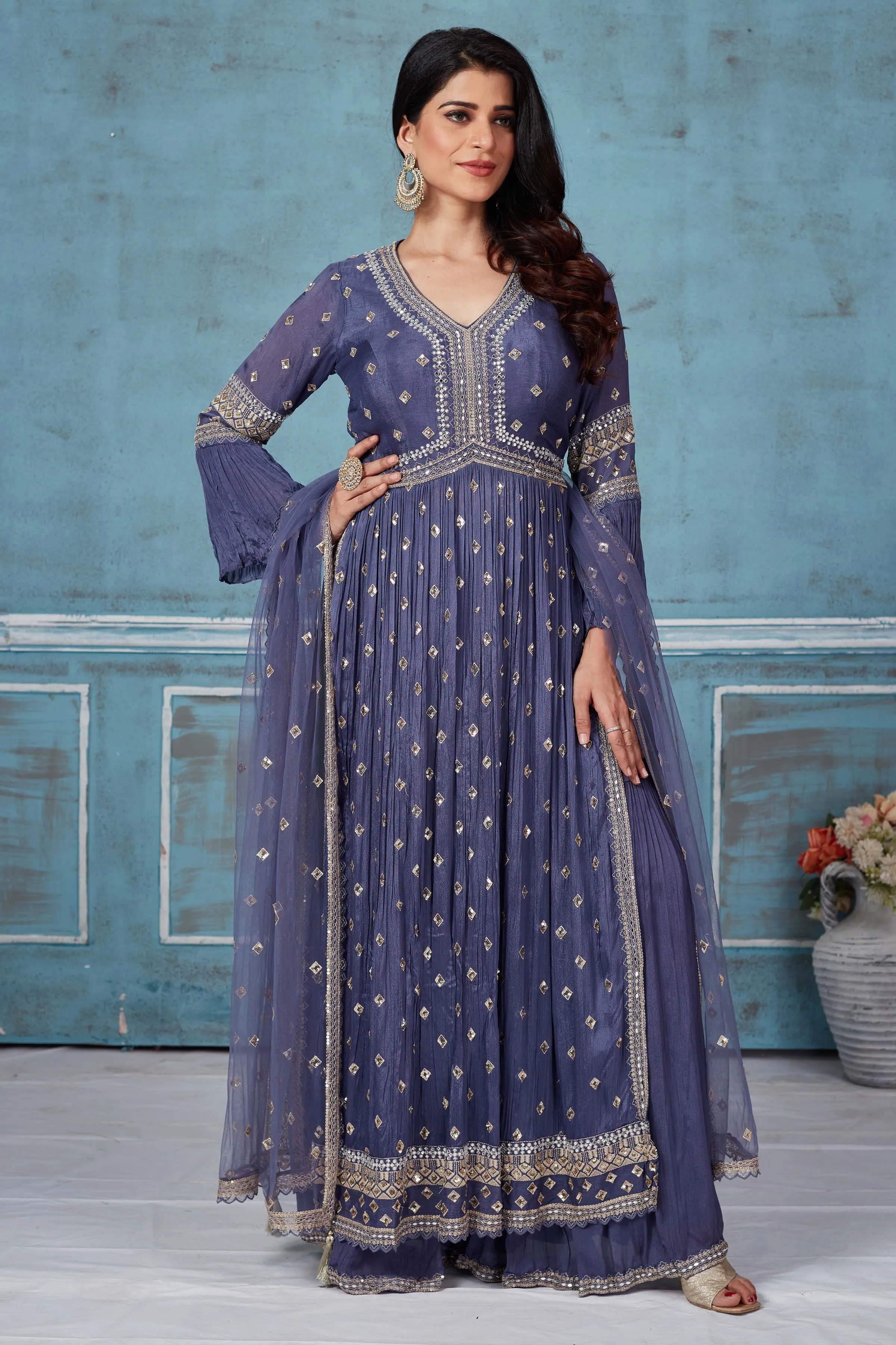 52A157 Blue Embroidered Crepe Suit With Palazzo And Dupatta