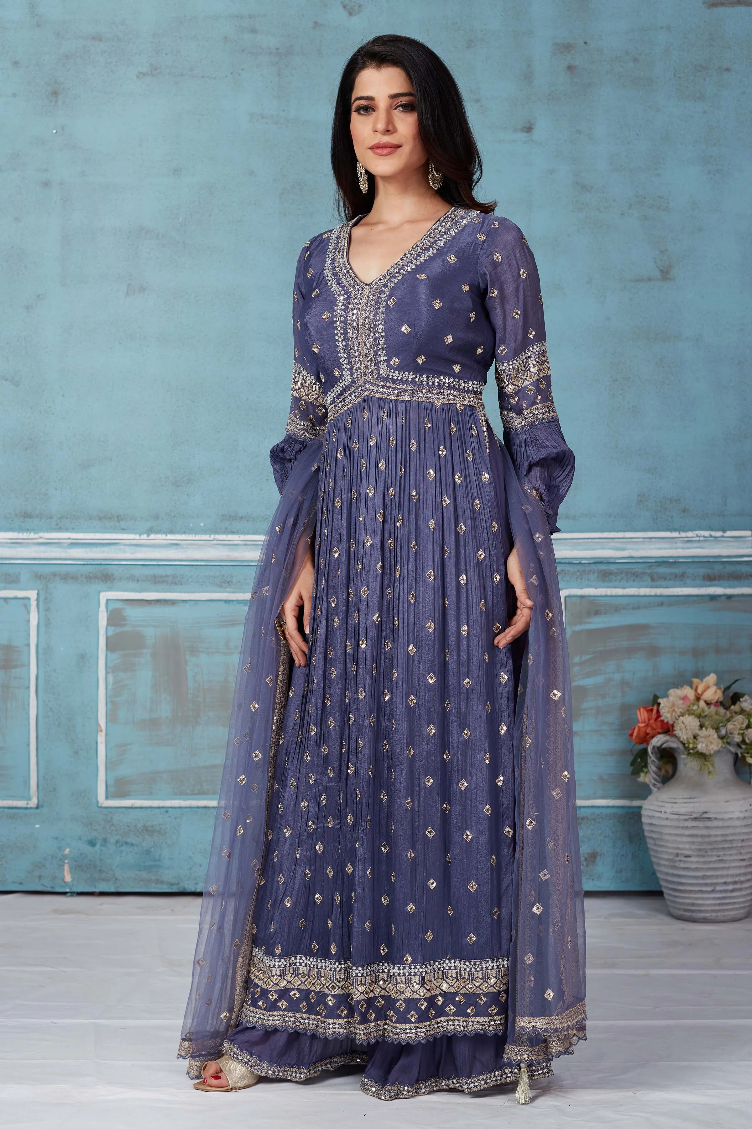 52A157 Blue Embroidered Crepe Suit With Palazzo And Dupatta