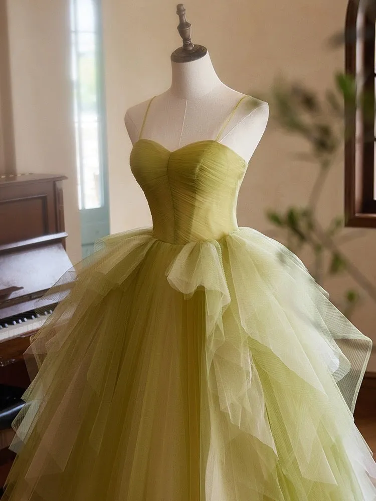 A-Line Sweetheart Neck Tulle Green Long Prom Dress, Green Long Formal Dress