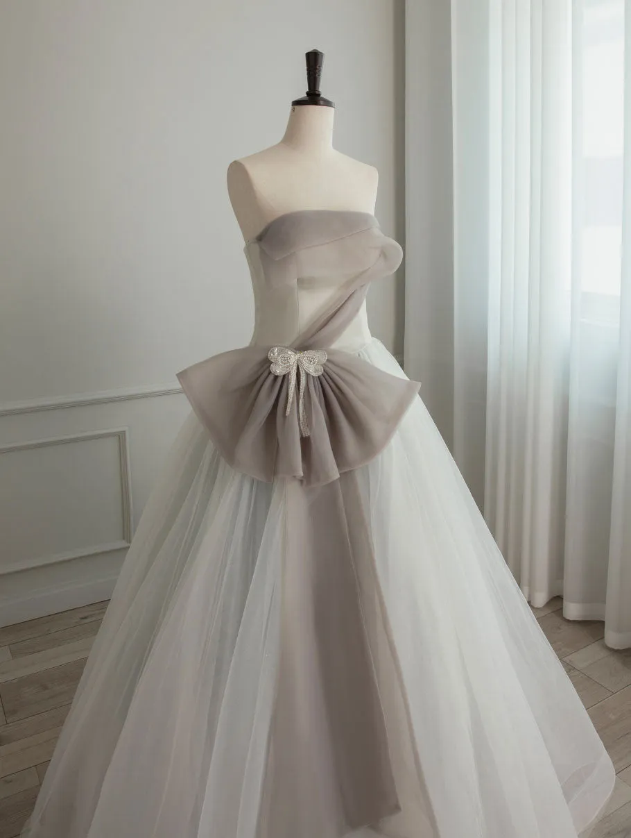 A-Line Tulle White Long Prom Dress, White Formal Party Dress