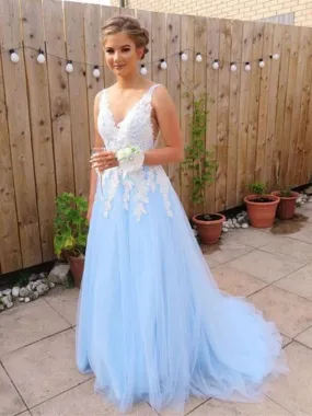 A-Line V-Neck Backless Blue Lace Prom Dresses, Blue Lace Formal Dresses, Lace Bridesmaid Dresses, BD2303128