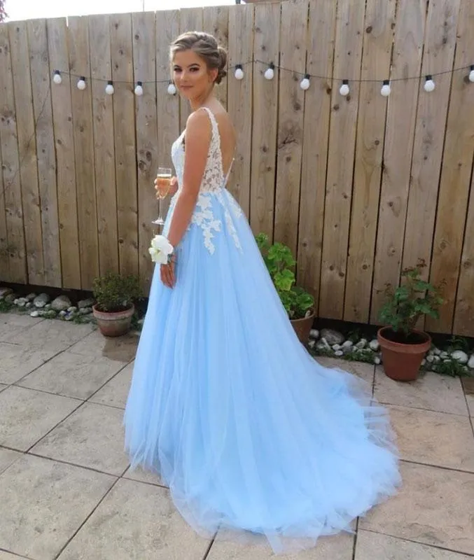 A-Line V-Neck Backless Blue Lace Prom Dresses, Blue Lace Formal Dresses, Lace Bridesmaid Dresses, BD2303128