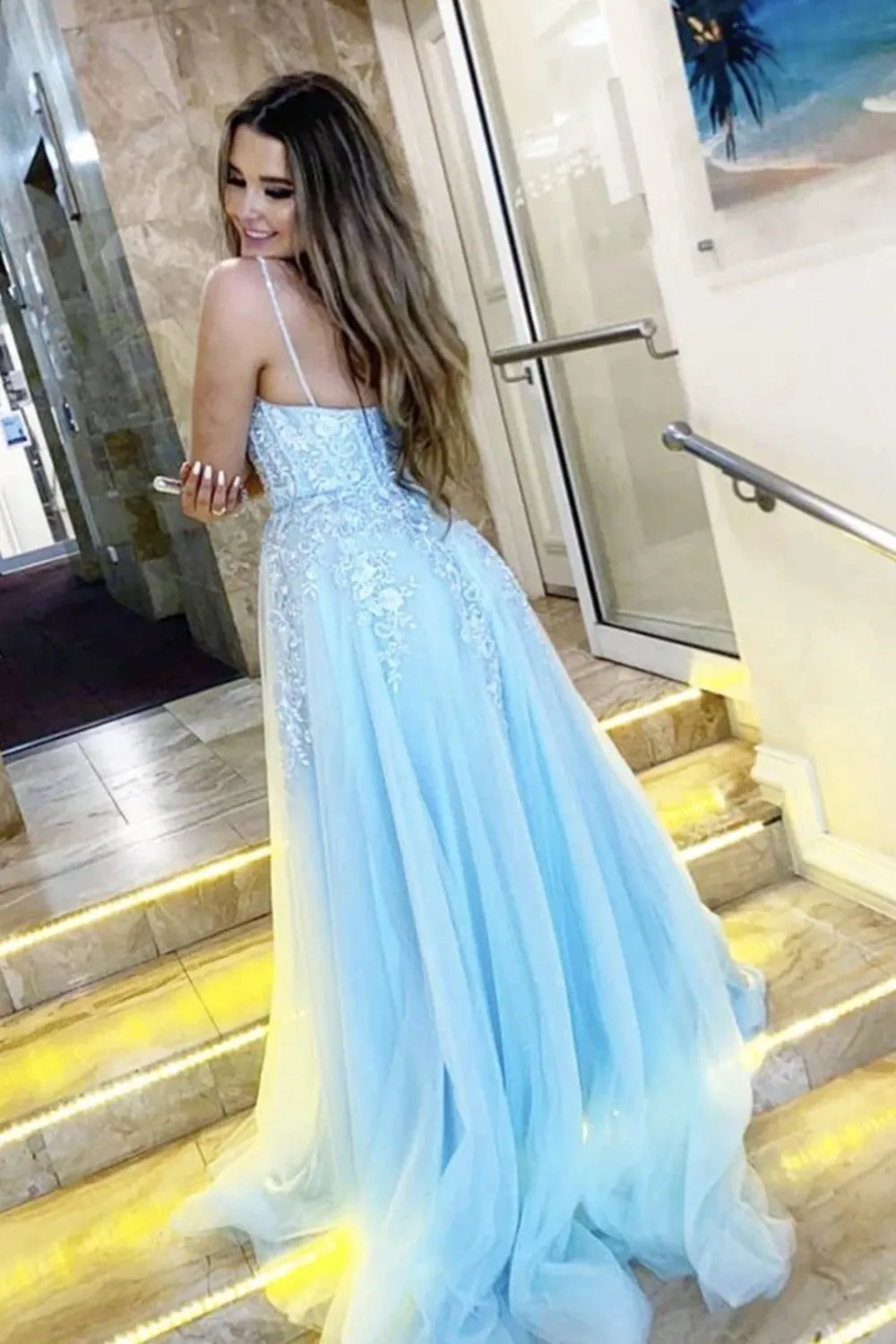 A Line V Neck Blue Lace Long Prom Dresses, Long Blue Lace Formal Evening Dresses