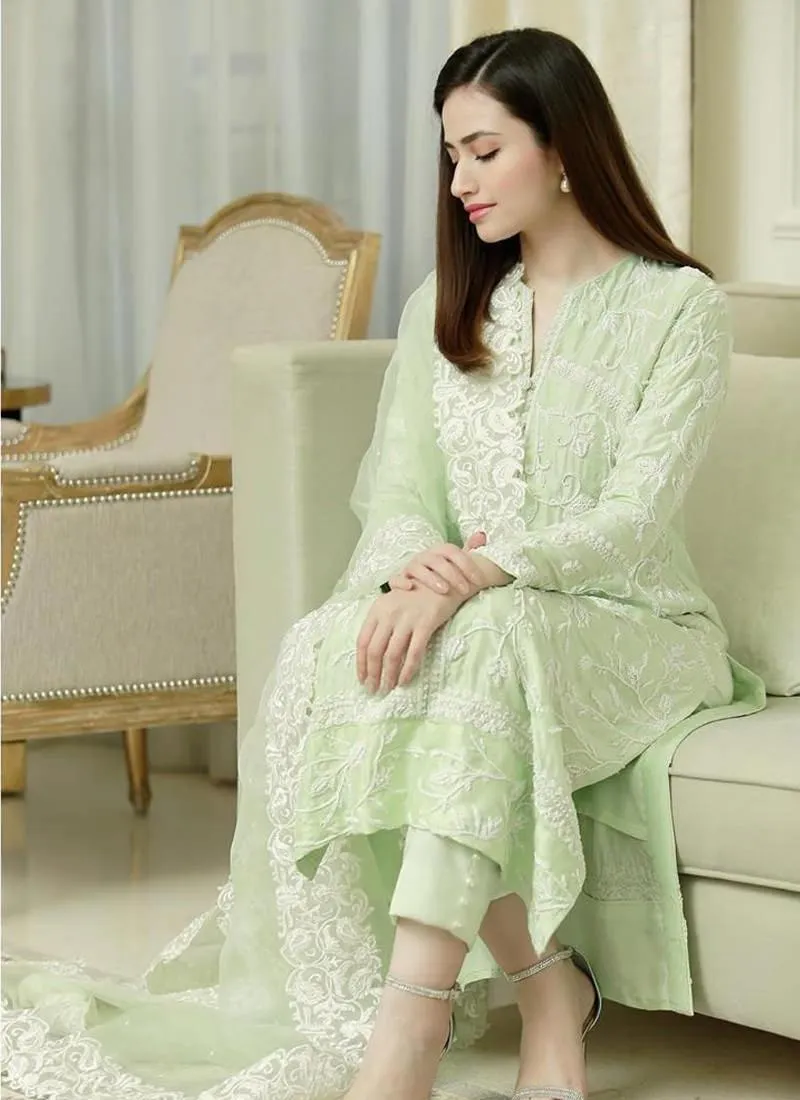 Adorable Light Pista Green Cotton Base Festive Wear Pant Style Suit