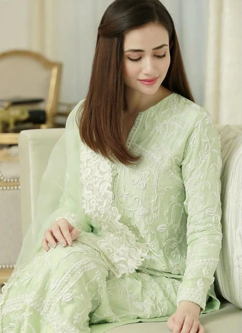 Adorable Light Pista Green Cotton Base Festive Wear Pant Style Suit