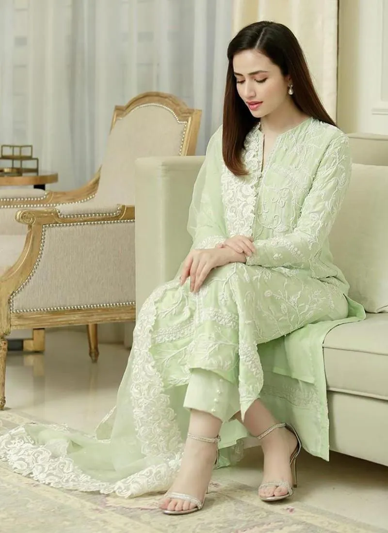 Adorable Light Pista Green Cotton Base Festive Wear Pant Style Suit