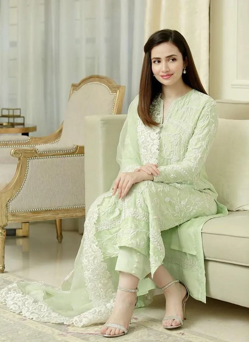 Adorable Light Pista Green Cotton Base Festive Wear Pant Style Suit