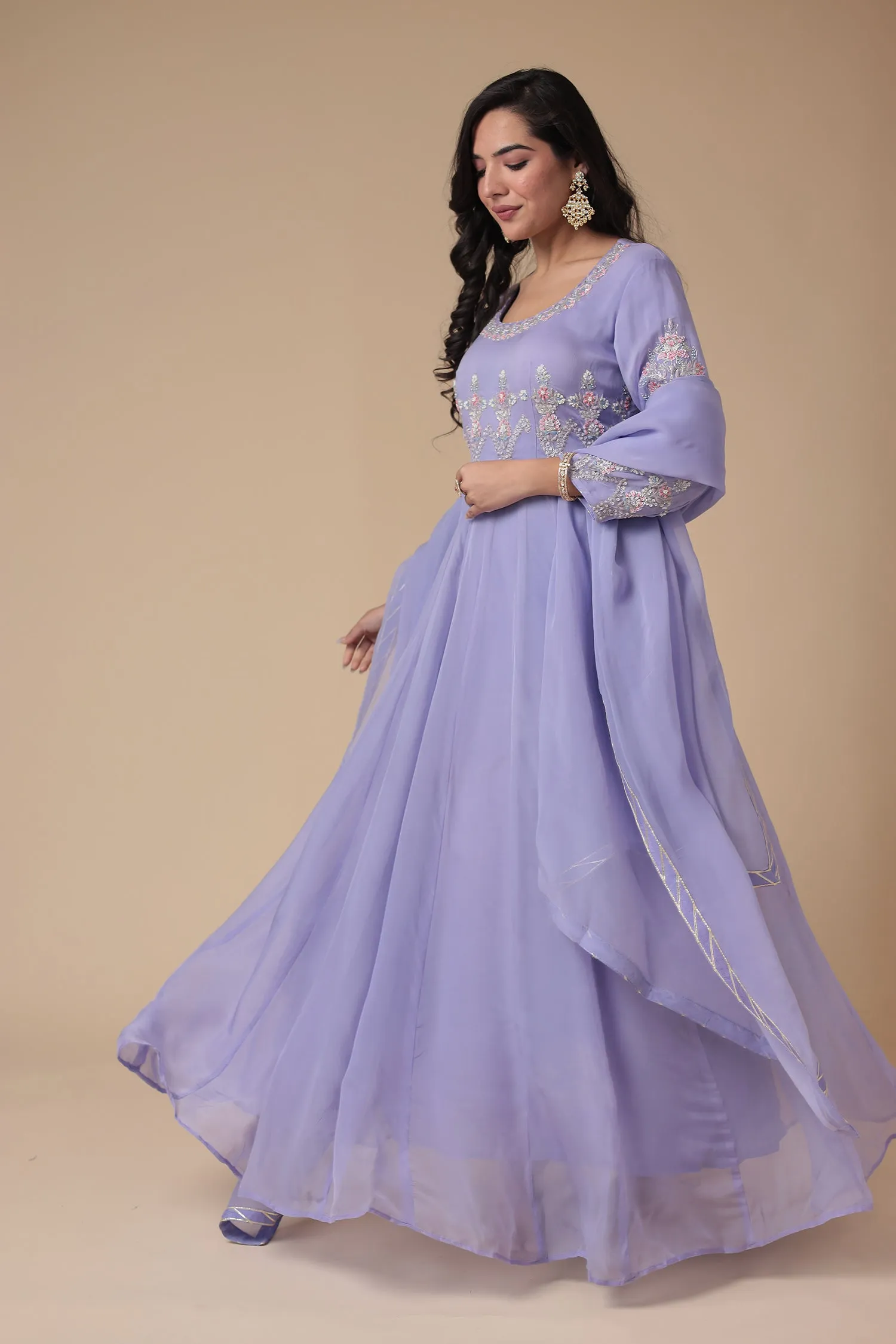 Anarkali Organza Suit Embroidered with Aari and Cutdana work