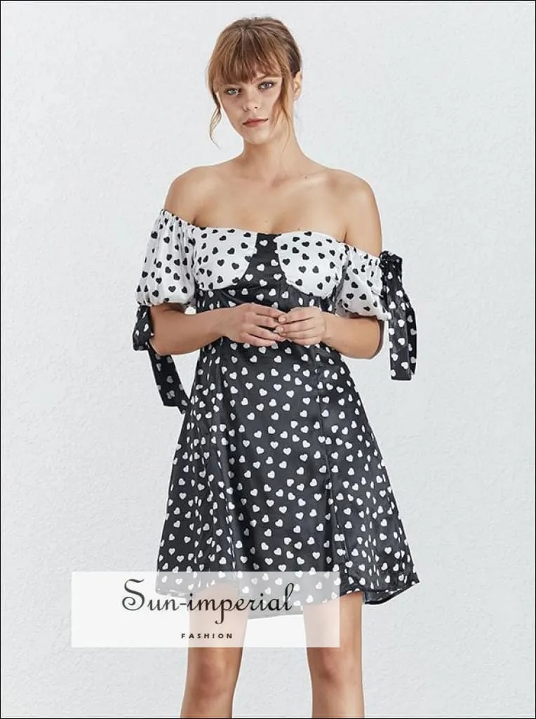 Andria Dress- Women off Shoulder A-line Heart Print High Waist Short Sleeve Mini Dress