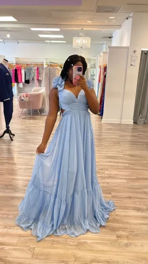 Baby blue chiffon prom dress with ruffle sleeves Y4654