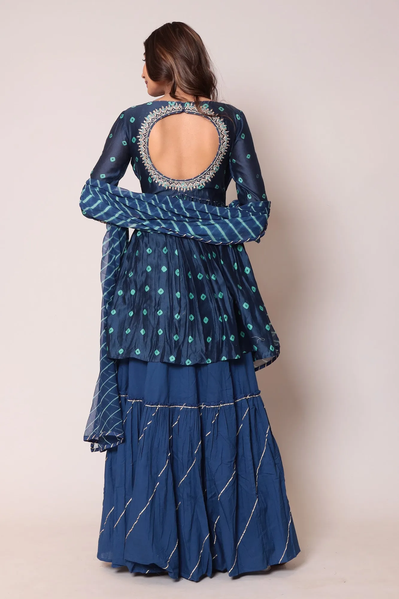 Bandhej Peplum Style Chanderi Suit with Gota Patti and Thread work.