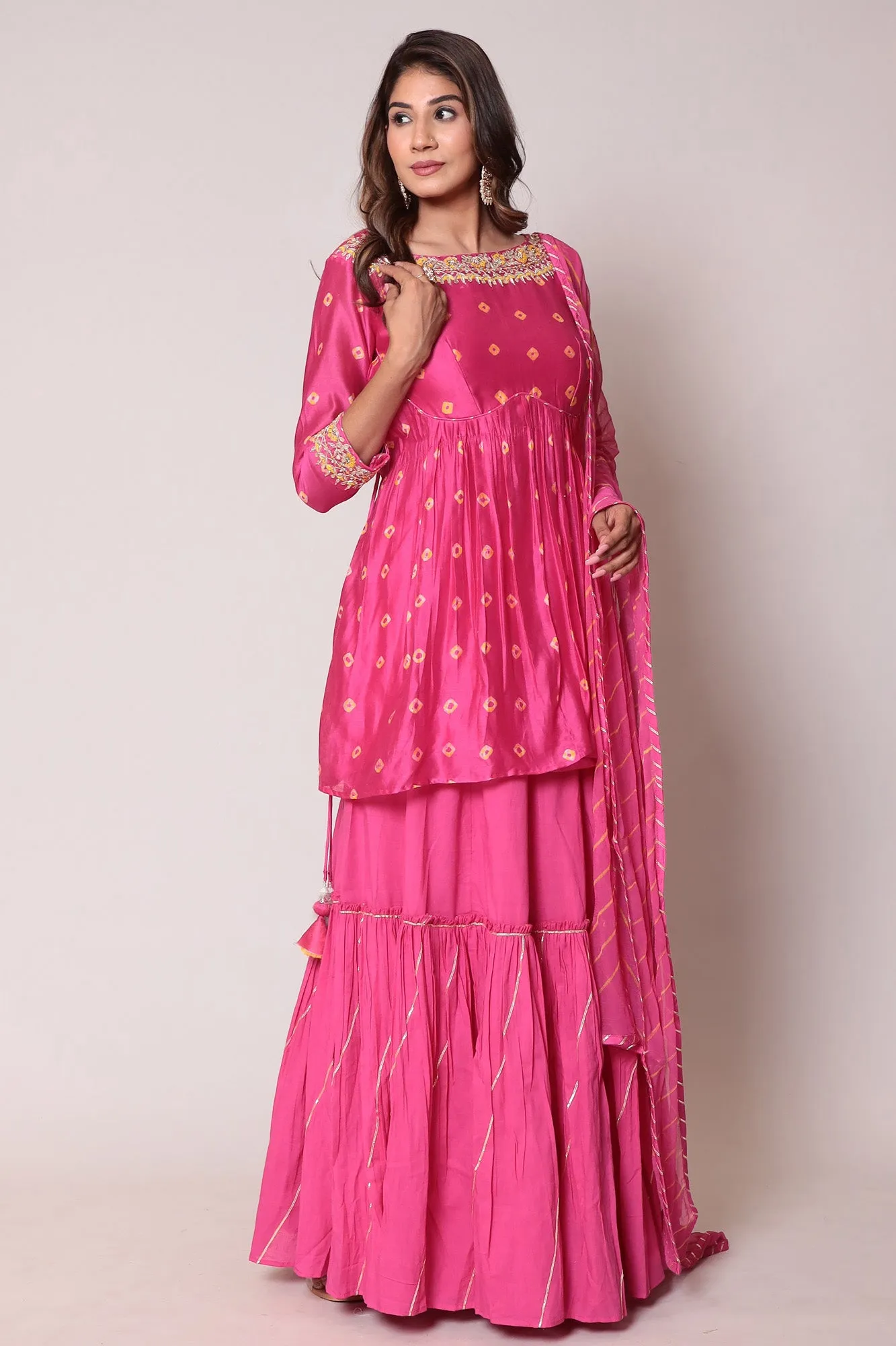 Bandhej Peplum Style Chanderi Suit with Gota Patti and Thread work.