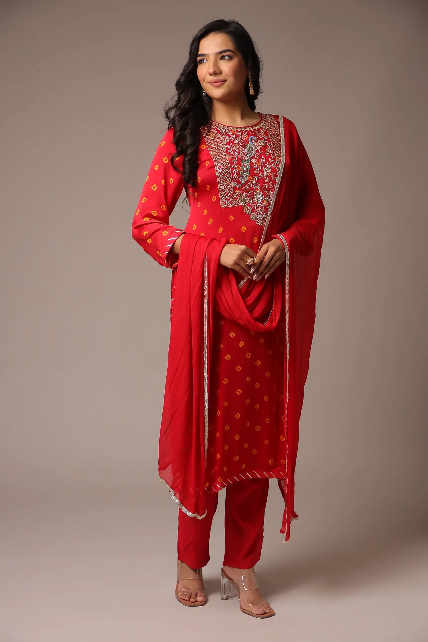 Bandhej Satin Straight Suit with Zardozi Work.