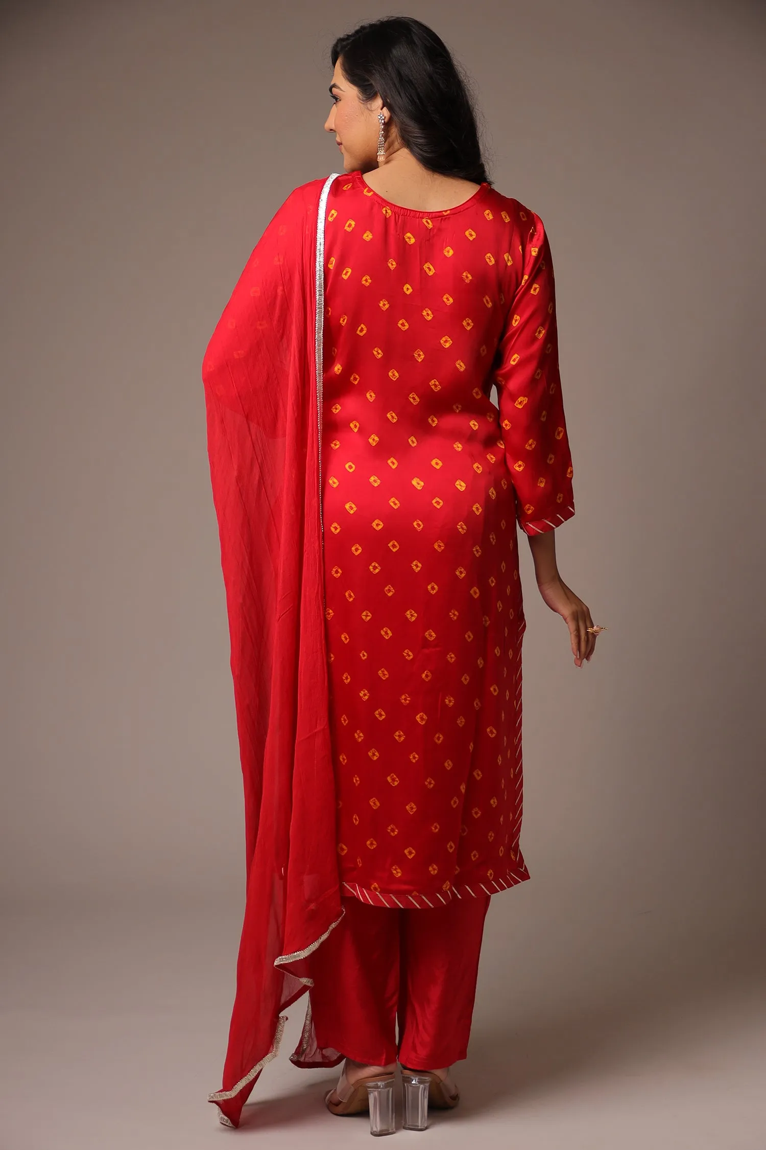 Bandhej Satin Straight Suit with Zardozi Work.