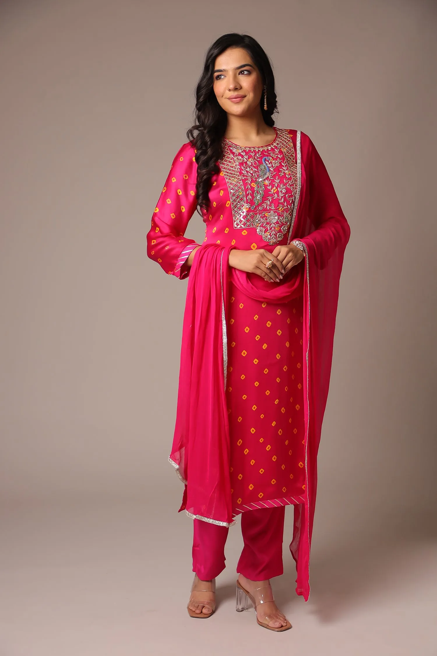 Bandhej Satin Straight Suit with Zardozi Work.