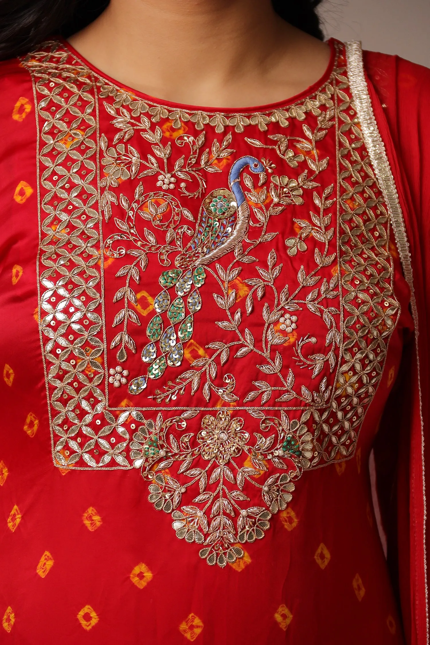 Bandhej Satin Straight Suit with Zardozi Work.