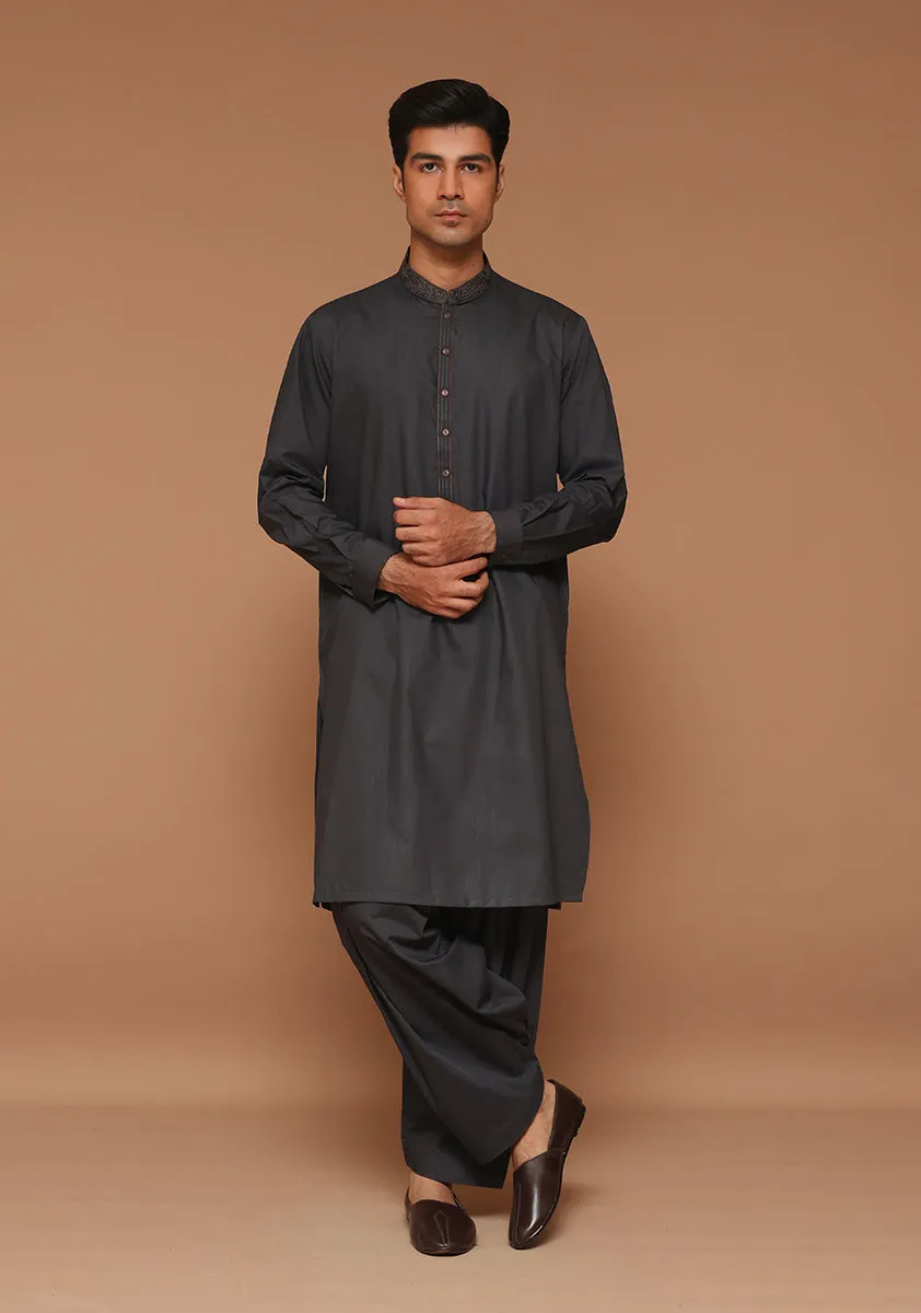 Basic Poly Viscose Maluki Ebony Classic Fit Embroidered Suit