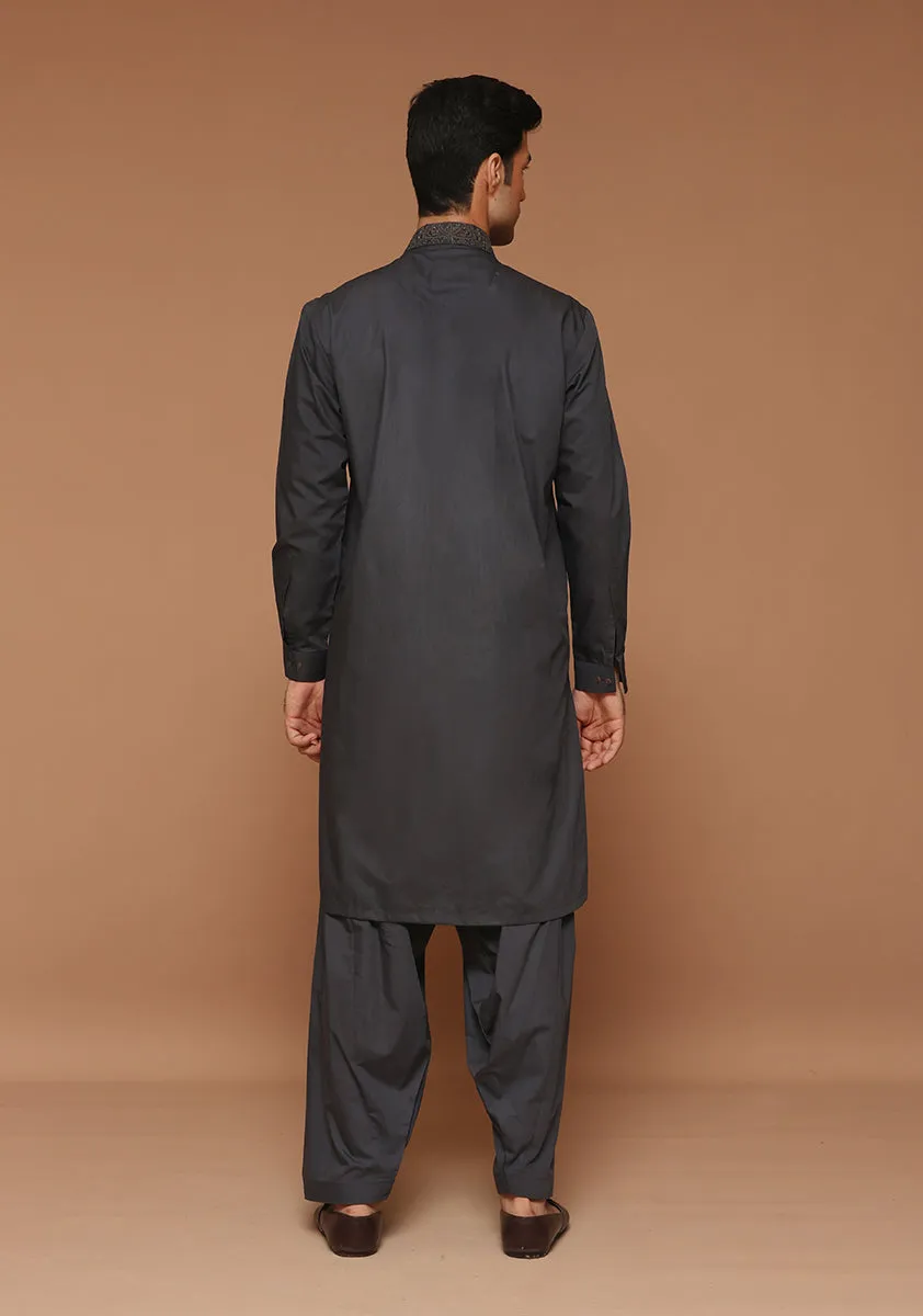 Basic Poly Viscose Maluki Ebony Classic Fit Embroidered Suit