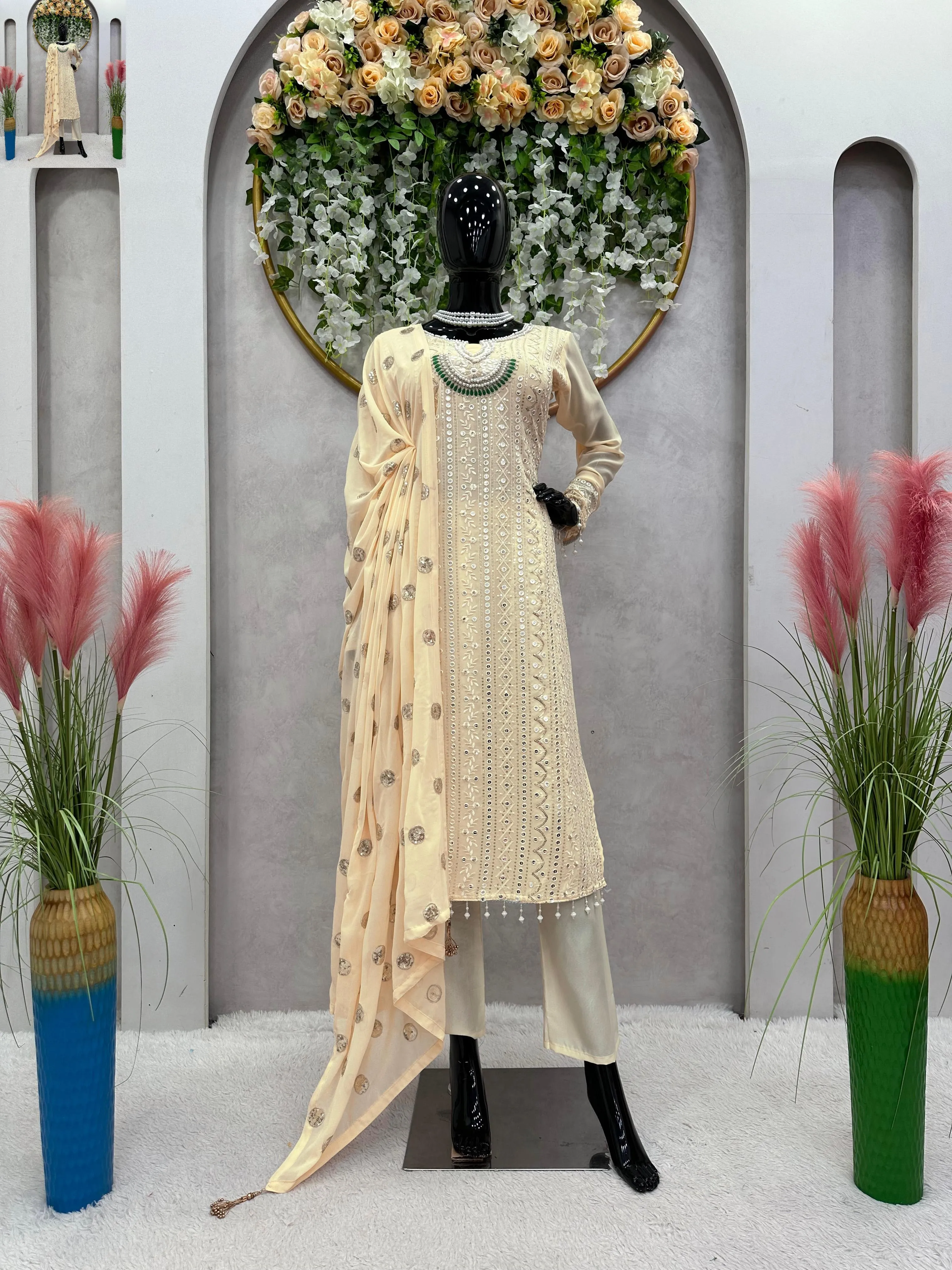 Beige Cream Georgette Thread & Sequence Moti Work Straight Suit Set