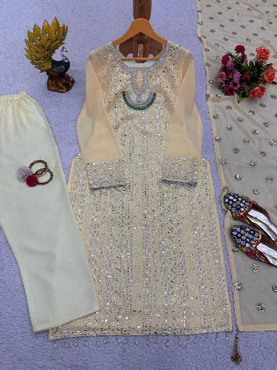 Beige Cream Georgette Thread & Sequence Moti Work Straight Suit Set