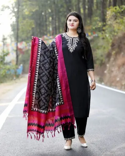 Black Cotton Embroidered Salwar Suit Set