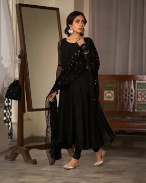 Elegant Black Georgette Anarkali Gown with Dupatta - 2-Piece Set