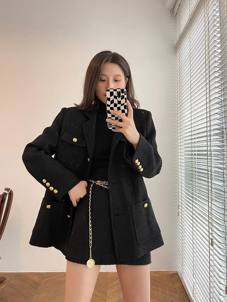 Black Tweed Blazer Jacket Coat