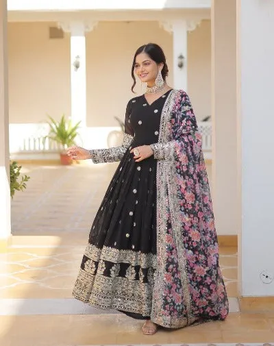 Black With Floral Dupatta Georgette Gown Set Of 2