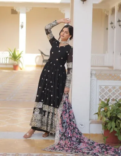 Black With Floral Dupatta Georgette Gown Set Of 2