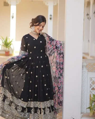 Black With Floral Dupatta Georgette Gown Set Of 2