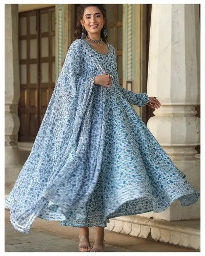 Blue & White Floral Georgette Anarkali Gown Dupatta Set Of 2