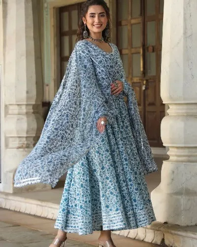 Blue & White Floral Georgette Anarkali Gown Dupatta Set Of 2