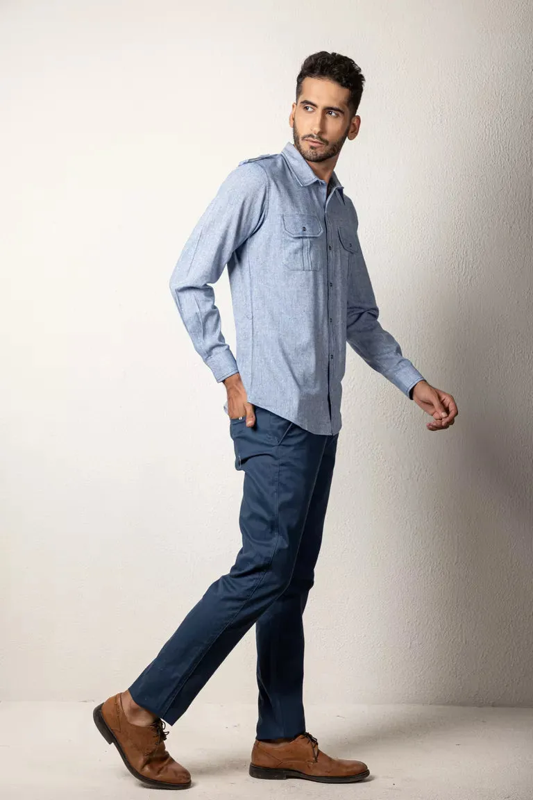 Blue-Colored Two-Tone Yarn Dyed Shirt