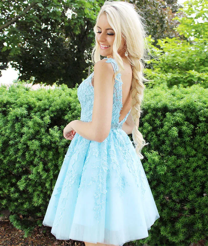 Blue v neck tulle lace short prom dress, blue tulle homecoming dress