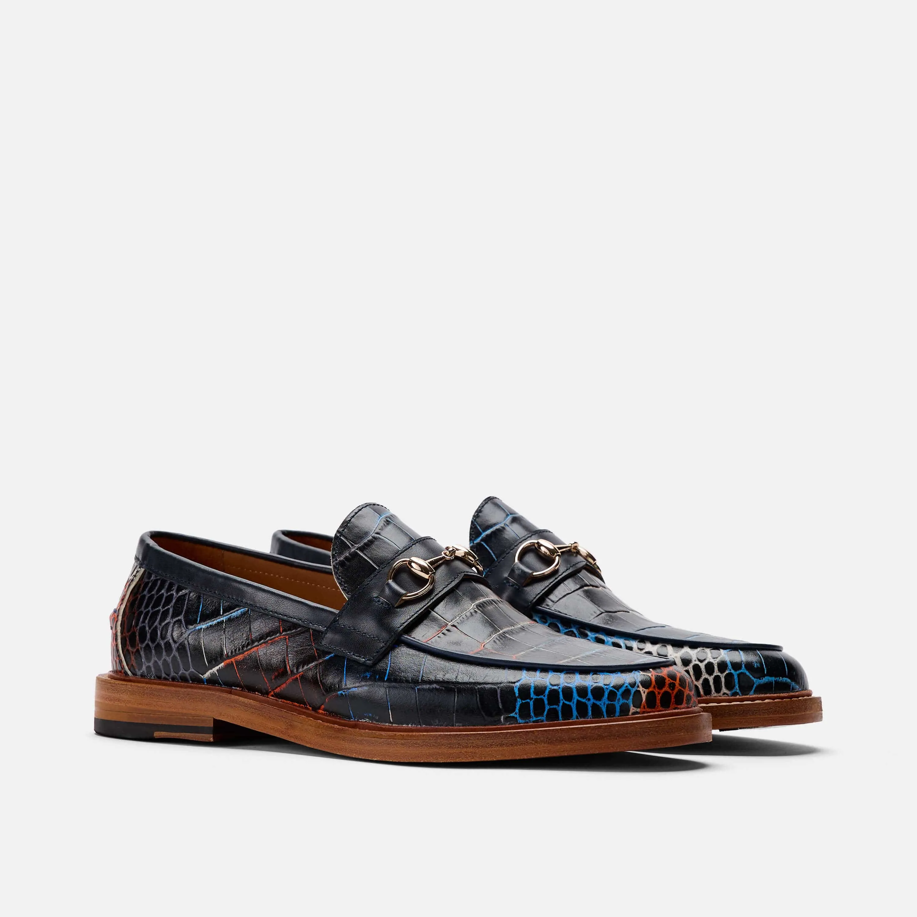 Boardwalk Navy Blue Croc Leather Horse-Bit Loafers