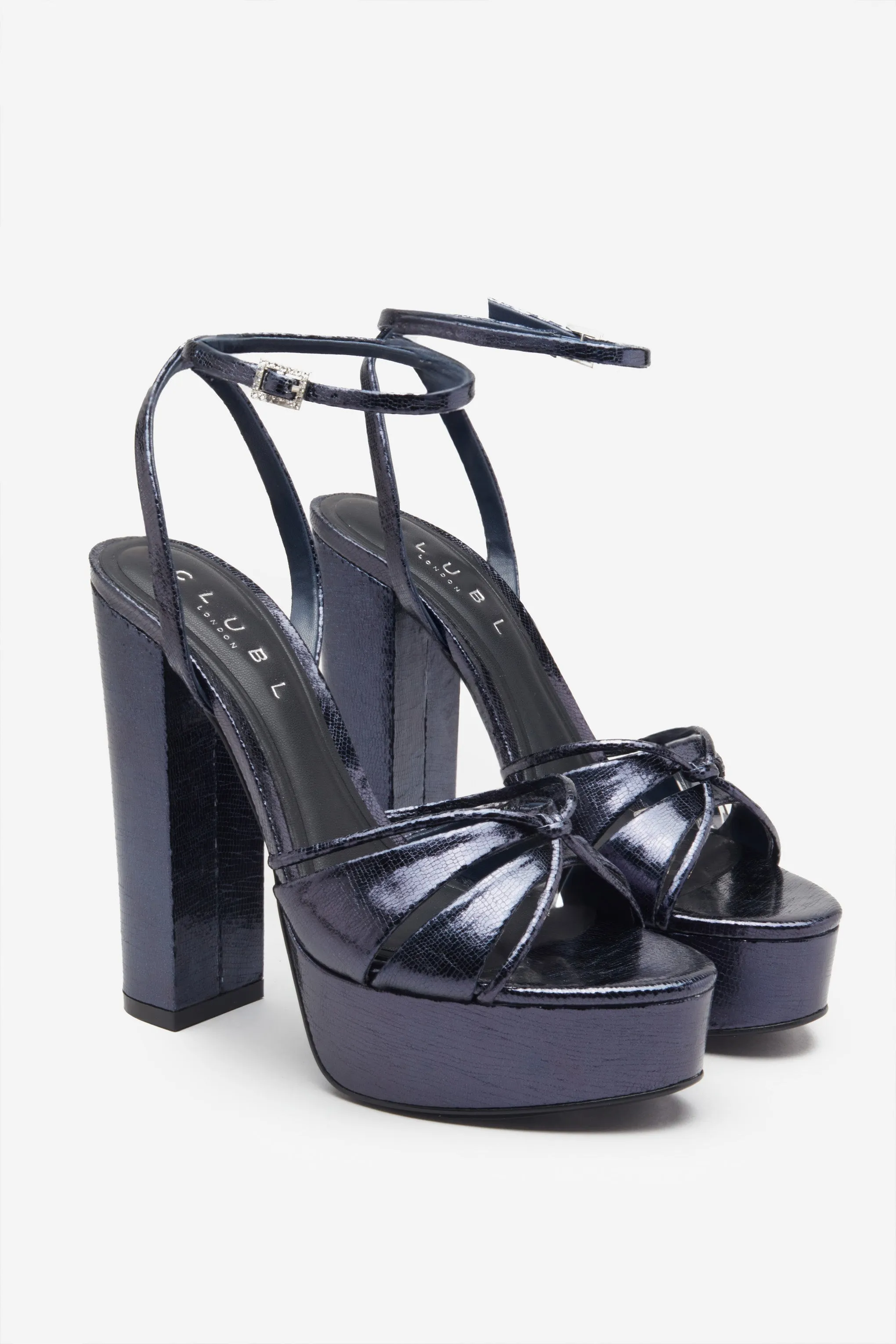 Bold Soul | Navy Strappy Heeled Platform Sandals With Diamante Buckles