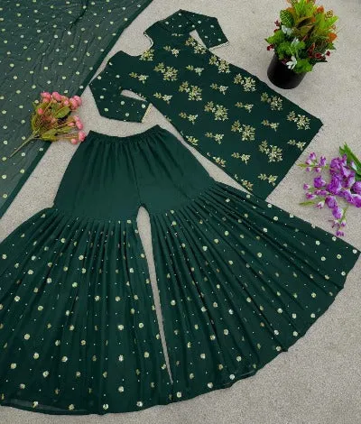 Bottle Green Georgette Sequence & Moti Work Sharara Suit Set