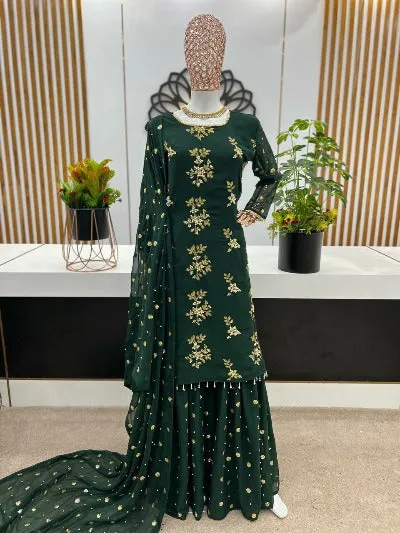 Bottle Green Georgette Sequence & Moti Work Sharara Suit Set