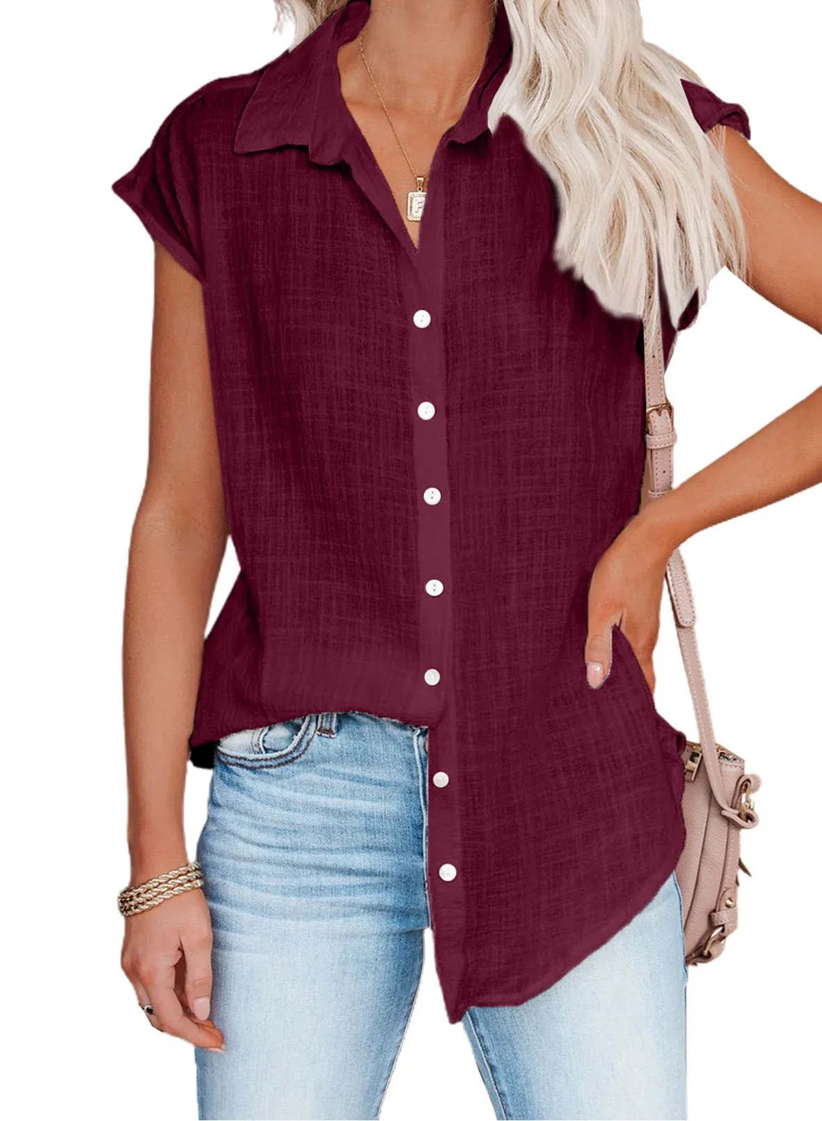 Casual Collared Button Down Short Sleeve Top