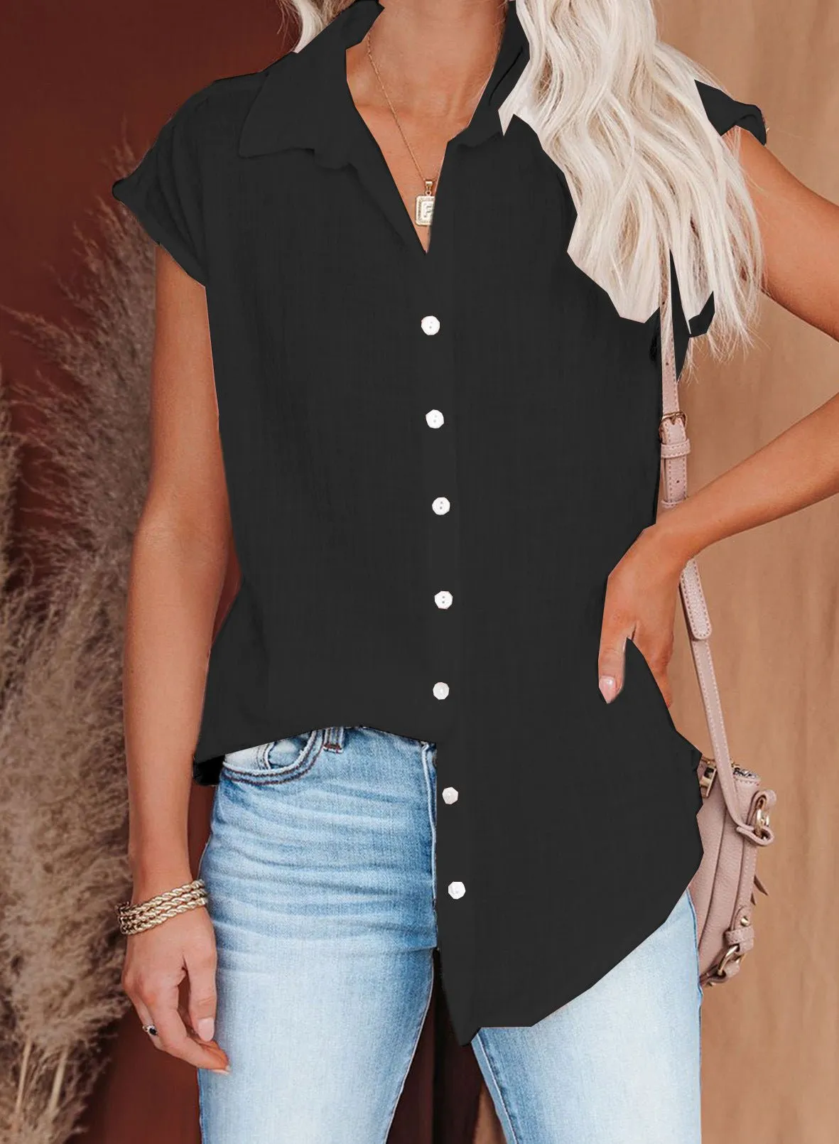 Casual Collared Button Down Short Sleeve Top