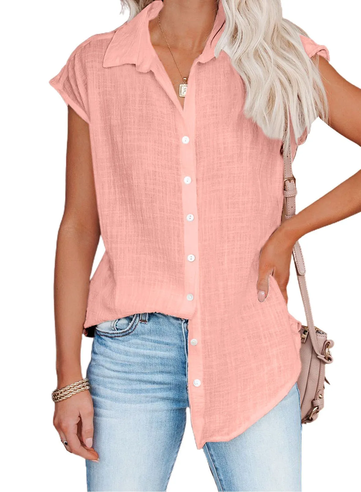 Casual Collared Button Down Short Sleeve Top